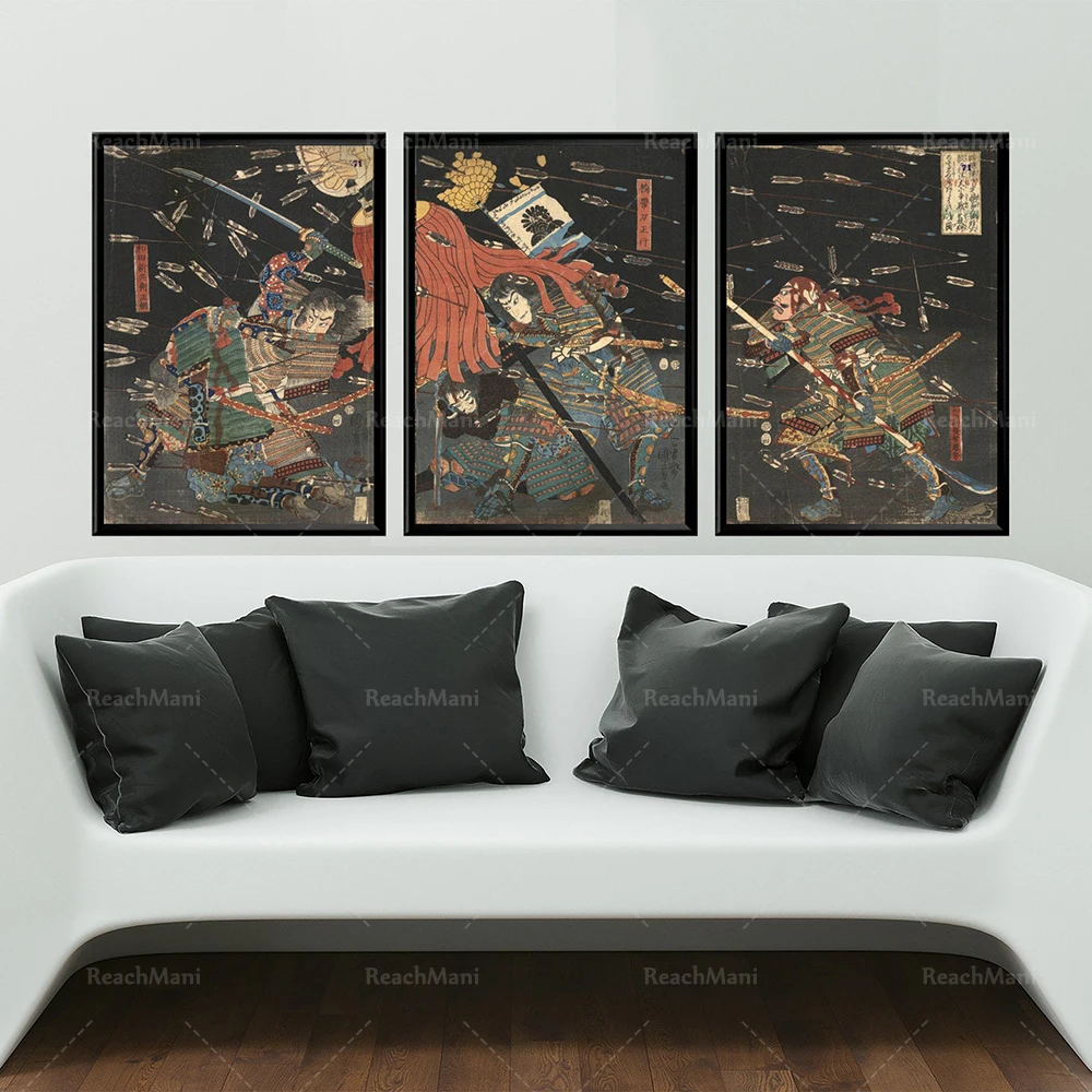 Винтажная батальная сцена японский плакат японский самурай принты триптих японский самурайский настенный плакат