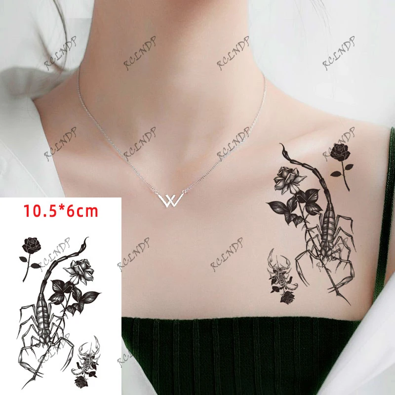 Водонепроницаемая временная наклейка для татуировки Черный Скорпион Роза Цветок Маленький Размер Вспышка Тату Поддельный Татто Боди-Арт для Женщин Мужчин