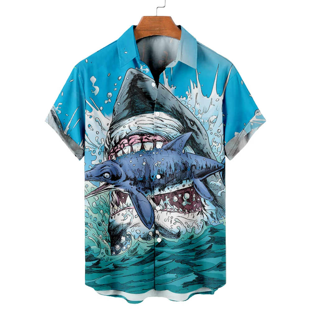 Гавайская мужская рубашка Мода Лацкан Животный принт Футболка с коротким рукавом 3D Акула Узор Рубашки для мужчин Повседневная уличная одежда