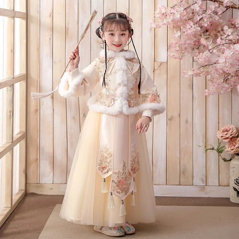 Детская зимняя теплая девочка Ханьфу Древний костюм Толстая девочка Китайский танг-костюм Красный розовый сценическое платье 2024 Новогодняя одежда