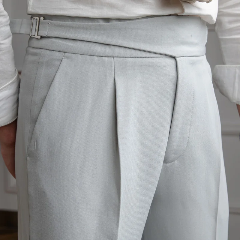 Джентльмен Париж Брюки на пуговицах Мода Светло-серый Мужское платье Брюки Прямые брюки с высокой талией Мужские деловые универсальные брюки с ремнем