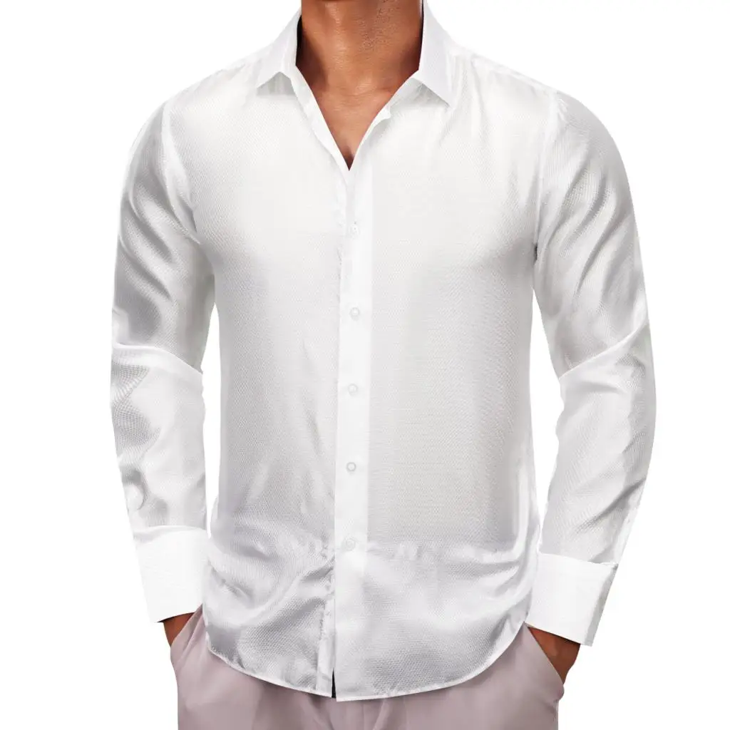 Дизайнерские рубашки для мужчин Шелковые с длинным рукавом Белые однотонные однотонные приталенные мужские блузки с отложным воротником Brtathable Barry Wang