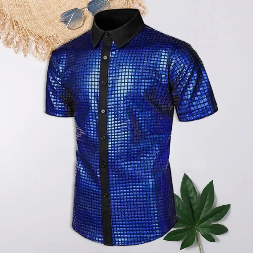 Дышащая рубашка Винтажная мужская клубная рубашка в стиле диско 70-х годов со светоотражающими блестящими пайетками Отложной воротник с коротким рукавом на пуговицах