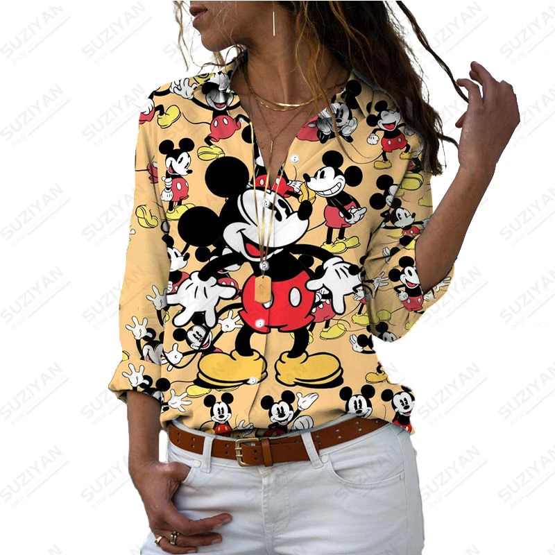 Женская рубашка с длинным рукавом 2023 Рубашка больших размеров с откидным воротником Повседневный топ Элегантный мультфильм Рабочая одежда Disney Весна и осень