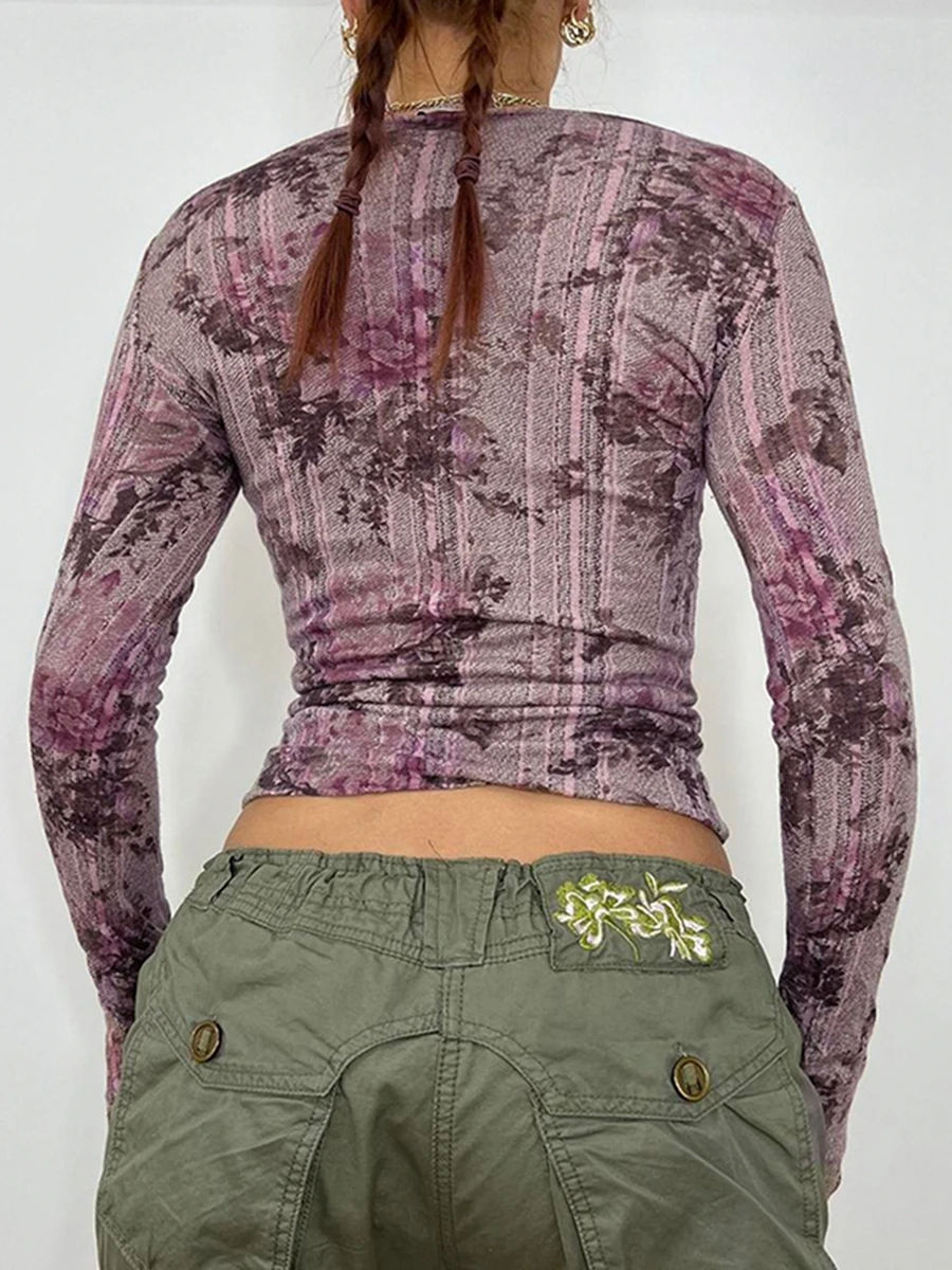 Женская тонкая футболка Ретро Цветочный принт Длинные рукава Укороченные топы с круглым вырезом Уличная одежда