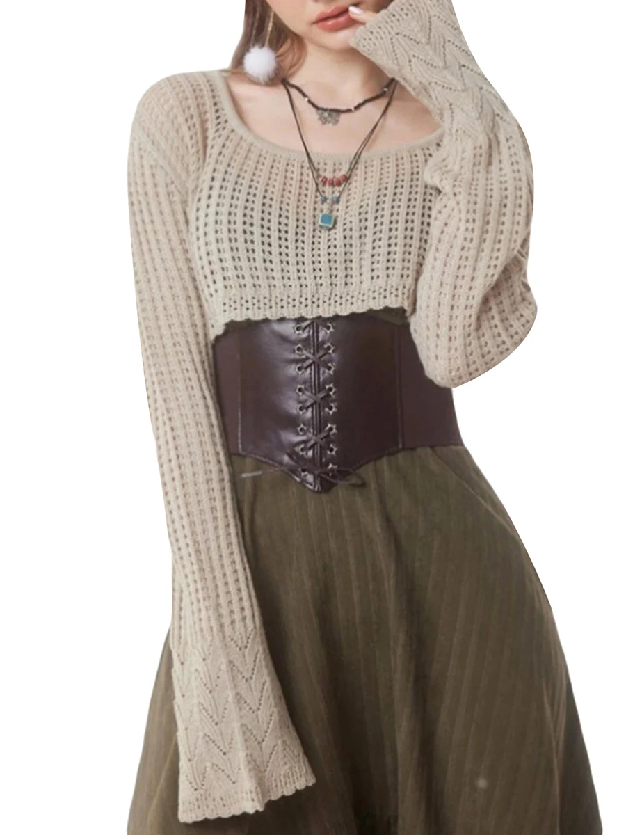 Женский трикотажный свитер на шнуровке с полым дизайном пуловер с длинным рукавом и круглым вырезом для повседневных футболок свободного кроя