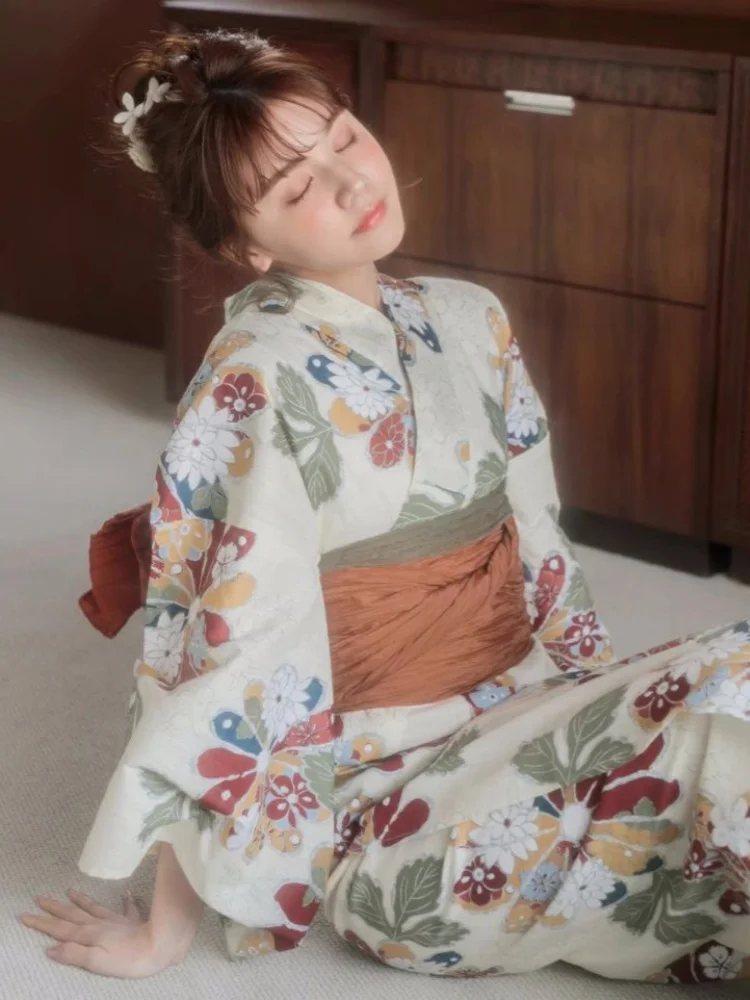 Женское Японское Традиционное Кимоно Цветочные Принты Формальный Юката Путешествия Фотография Одежда Ретро Длинное Платье Косплей Одежда