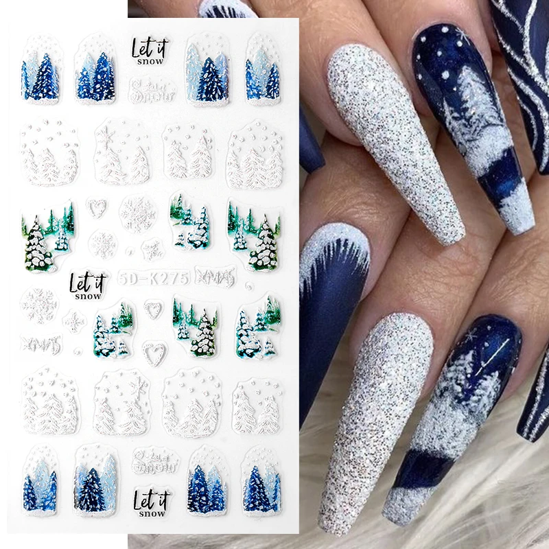 Зимние рождественские наклейки для ногтей 5D Милая Синяя Снежинка Санта-Клаус Маникюр Блестящие блестящие наклейки УФ Гель-лак Украшение