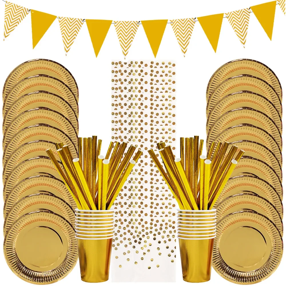Золотая одноразовая тарелка для вечеринок Набор бумажных столовых приборов Салфетка для чашки тарелки Украшение свадьбы на день рождения Детский душ