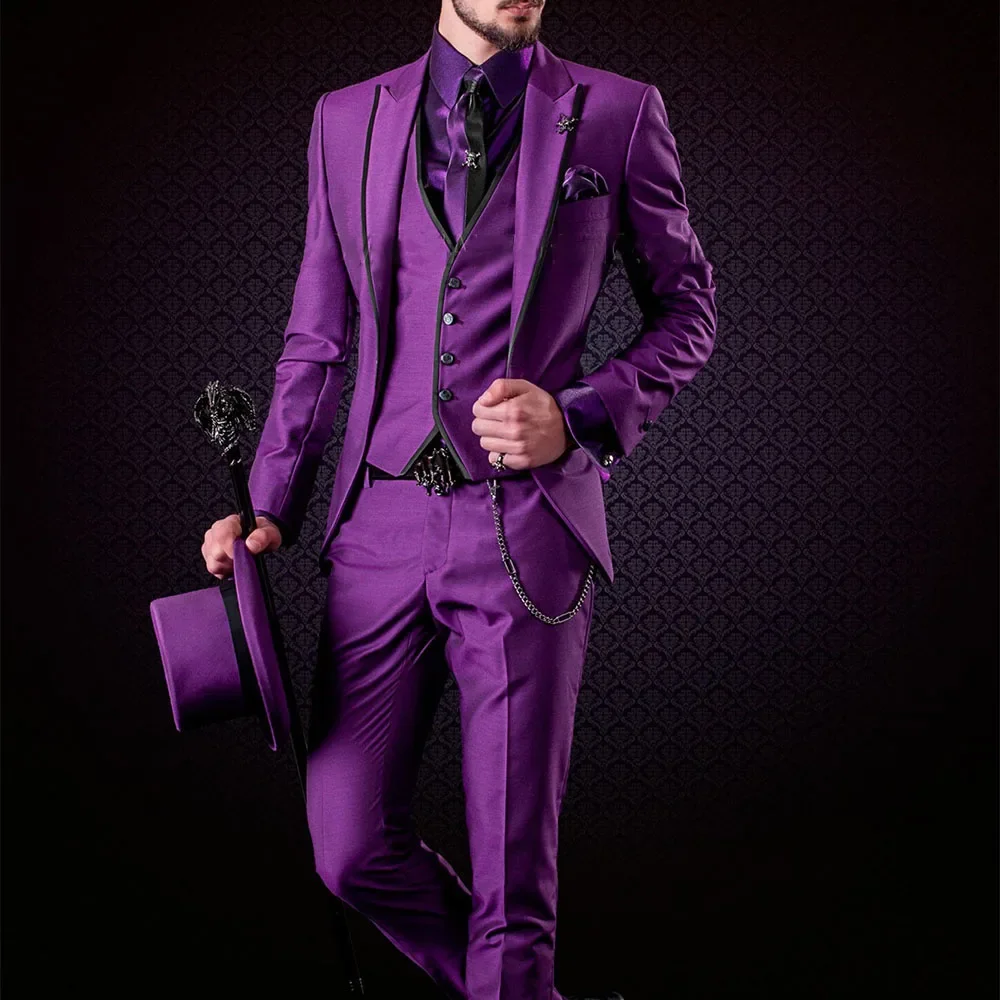  Изготовленные на заказ итальянские фиолетовые костюмы Набор из 3 предметов Slim Fit Свадебный смокинг Костюм Формальный Повседневный Мужской Пиджак Для Вечеринок Terno Masculino