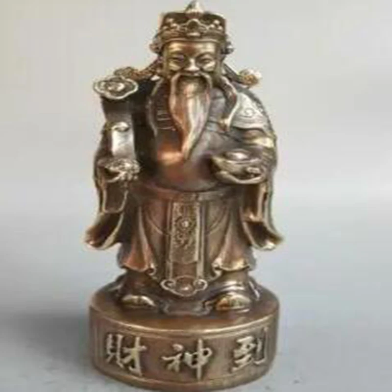 Изысканная китайская старая ручная работа Чистая латунь Резная статуя Бога Богатства Статуя Будды Маммона Жуйи
