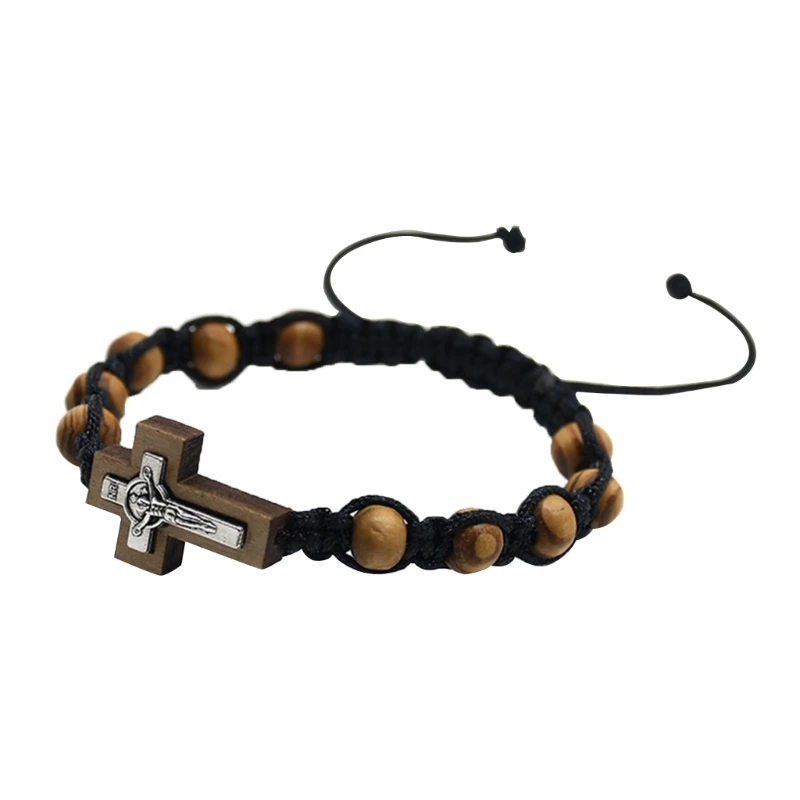 католические четки браслеты для женщин и мужчин 8 мм деревянные бусины плетеные браслеты регулируемый браслет ювелирные изделия крещение подарок