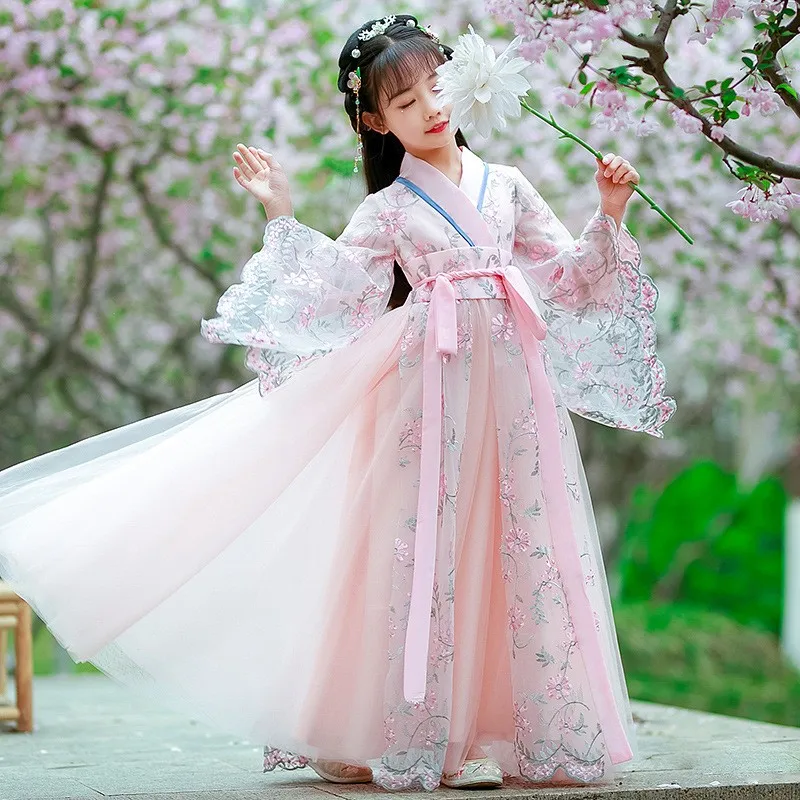 Китайская девушка Ханьфу Платье Дети Традиционные Элегантные Цветочная Вышивка Принцесса Платья Восточная Фея Косплей Сценический Танец Халат