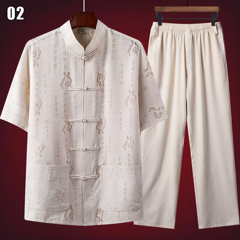 Китайская традиционная мужская одежда Тан Кунг-фу Вин Чун Одежда Вышивка Рубашка с коротким рукавом Топ Брюки Ханьфу Костюм 45-90 кг