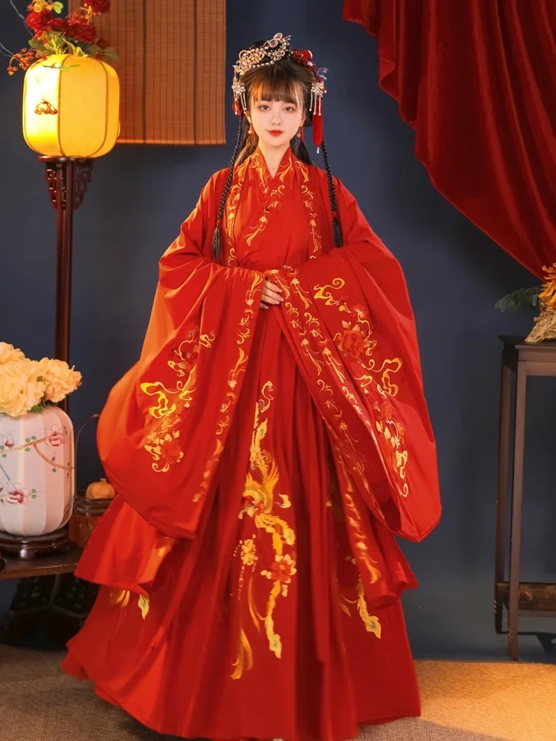 Китайские свадебные традиционные платья для женщин Вышивка Красный Ханьфу Невеста Жених Красный Рубашка С Большим Рукавом Костюм Фея Черный Ханьфу Набор