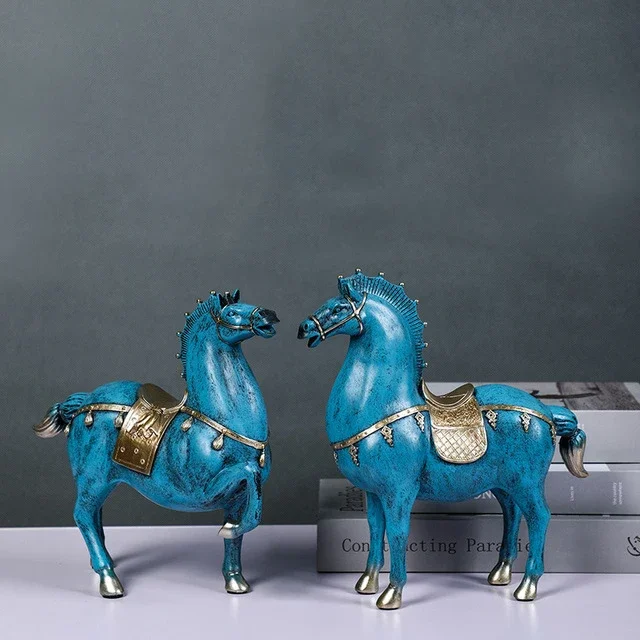  Китайские синие воины Лошадь Смола Скульптура Офис Книжный шкаф Мебель Украшение Главная Гостиная Настольные статуэтки Аксессуары