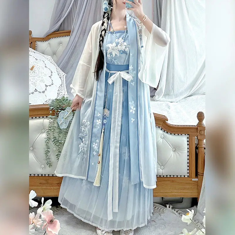 Китайский традиционный комплект платьев ханьфу Женская одежда Длина талии Плиссированная юбка Набор с вышивкой Ежедневные весенние и летние стили