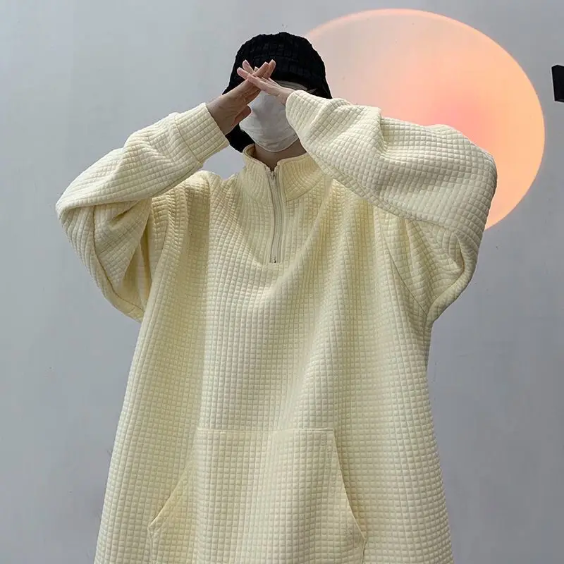 корейский свитшот вафельная мужская бархатная половина на молнии свободная модная одежда осень и зима в полуводолазке топы