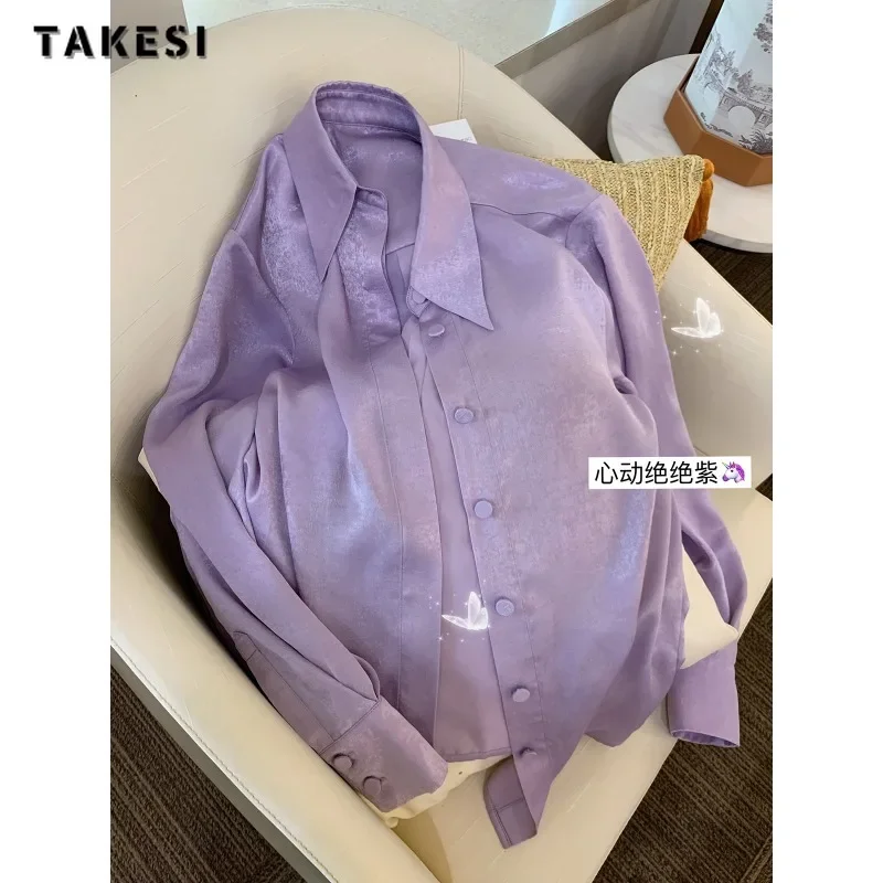Корейский стиль Фиолетовая свободная однобортная рубашка с длинным рукавом 2023 зимний женский повседневный отложной воротник Мягкая мешковатая блузка