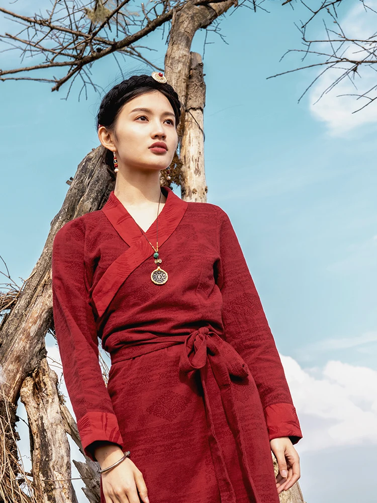Красный Винтаж Тибетское Платье Женское Платье Лхаса Весна И Осень Тибетское Платье Женское