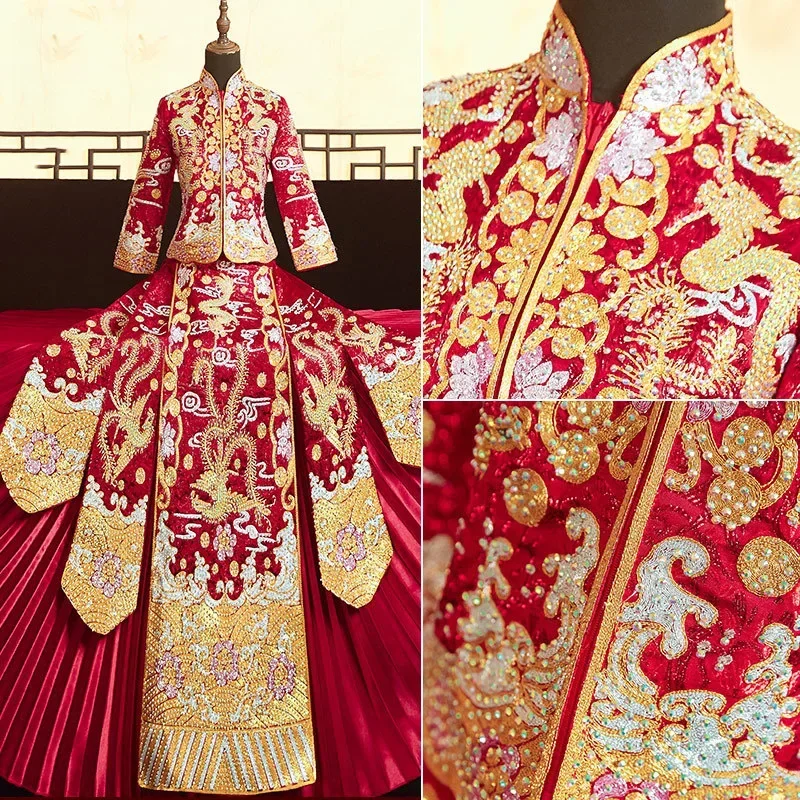 красный высококачественный традиционный китайский вышивка невеста свадебное платье ретро изысканный дракон феникс платье стильный marry cheongsam