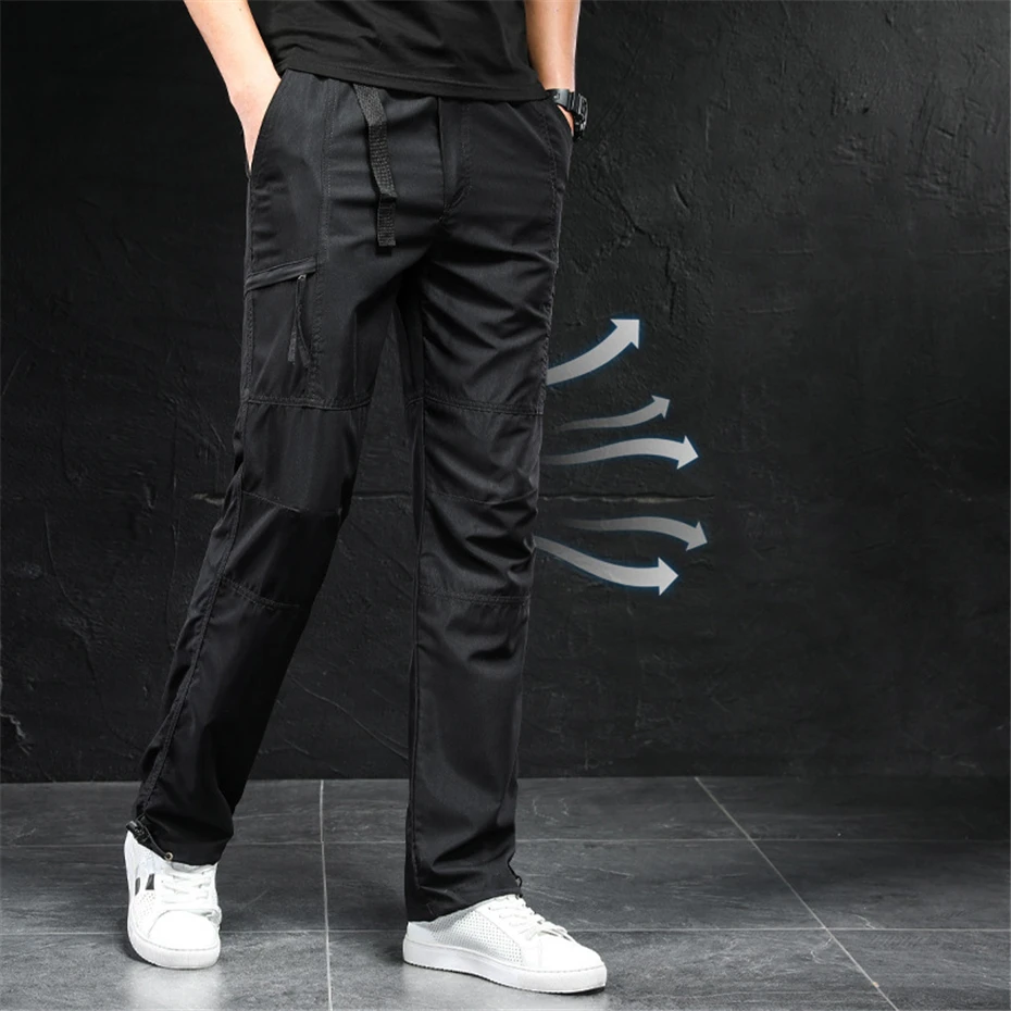 Летние тонкие брюки для кемпинга Мужские быстросохнущие брюки Модные повседневные брюки-карго Мужские дышащие брюки Черный