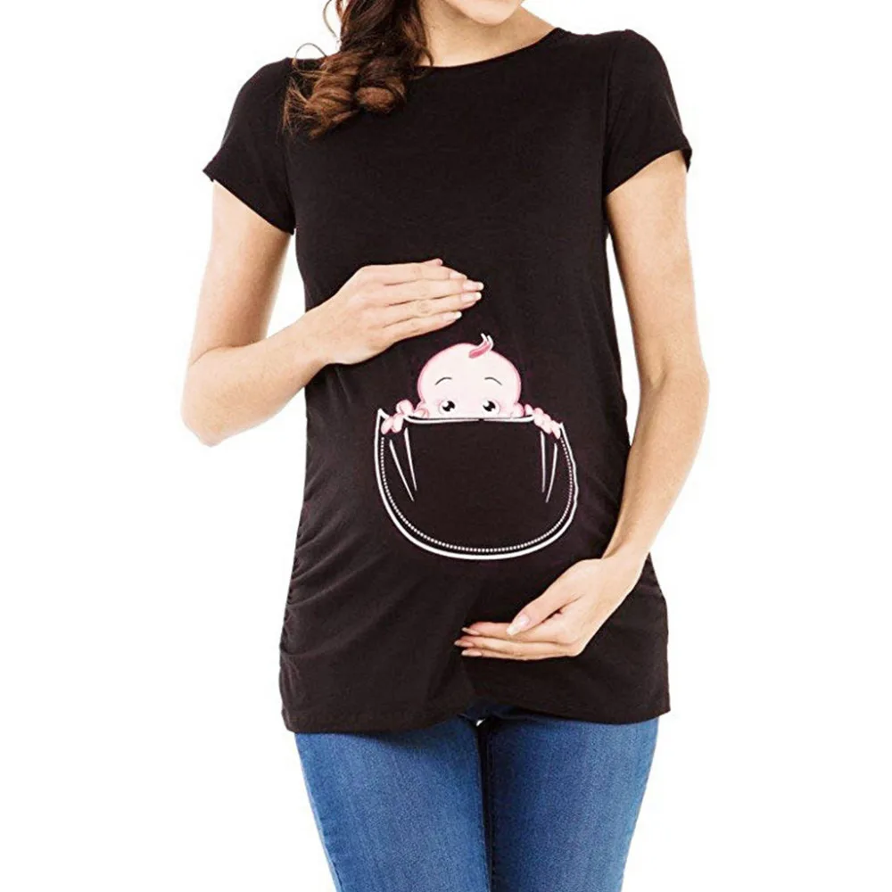  Материнство Премиум Стрейч Беременные Женщины С коротким рукавом Симпатичный детский принт Топы Футболка Одежда для беременных Смешной топ