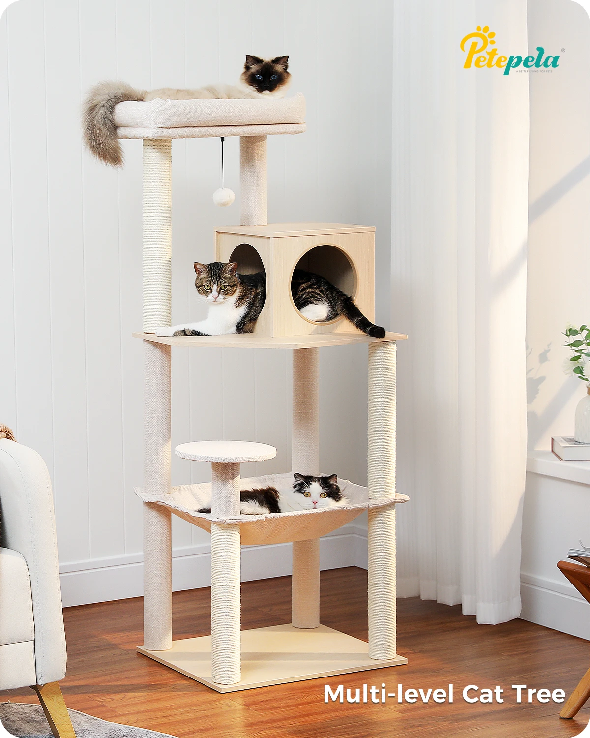 Многоуровневая кошачья башня с когтеточкой Дерево для домашних кошек с уютным кондоминиумом Большой кошачий гамак и плюшевые насесты