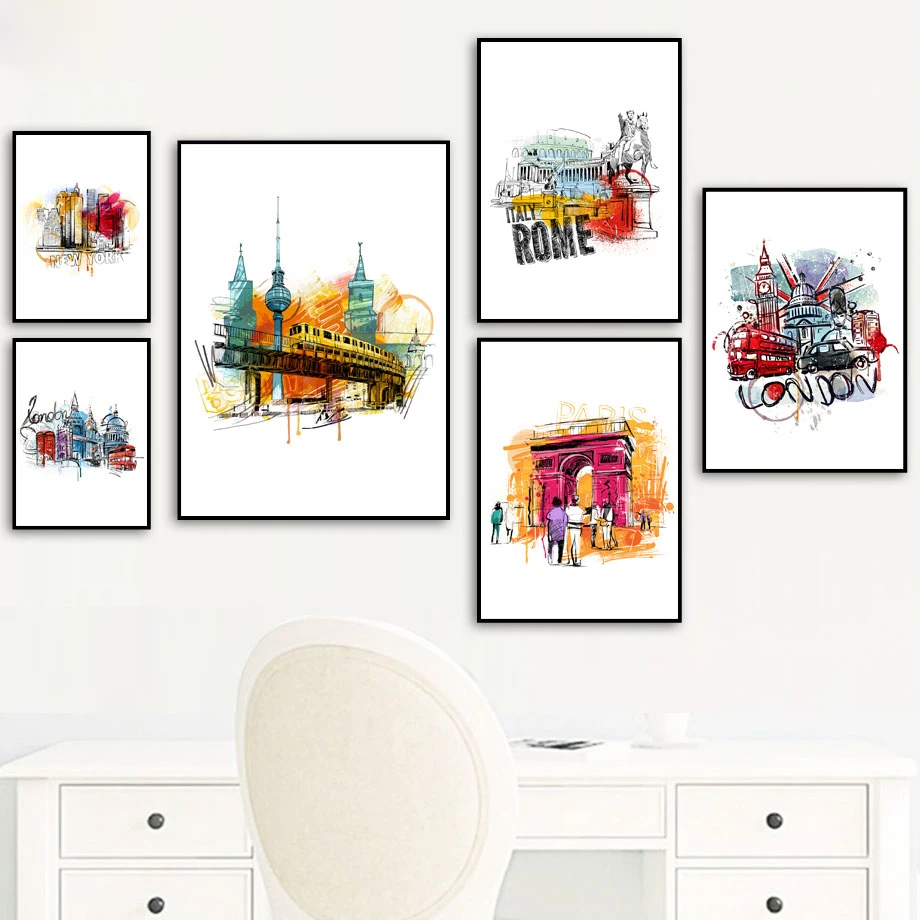 многоцветный Нью-Йорк Париж Италия Лондон путешествия Настенное искусство Холст Живопись Плакаты и принты Настенные картины для декора гостиной