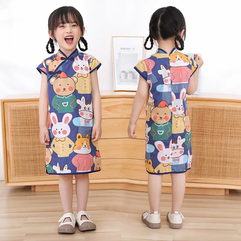 Мода для девочек Хлопок Cheongsam Цветочное милое летнее платье Детская одежда для вечеринок Костюм Платье для девочки Дети Qipao 90-130 см