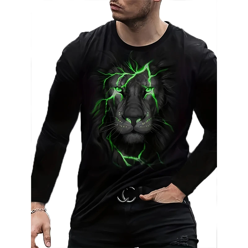 Мода Круглый вырез Длинный рукав Мужская 3D-печатная рубашка со львом Удобная и теплая мужская мужская рубашка с подложкой на открытом воздухе