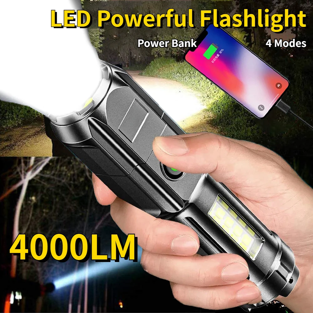  Мощный фонарик с зумом USB Перезаряжаемый ультра яркий фонарик Светодиодные фонари высокой мощности с боковым светом Аварийный фонарь для кемпинга