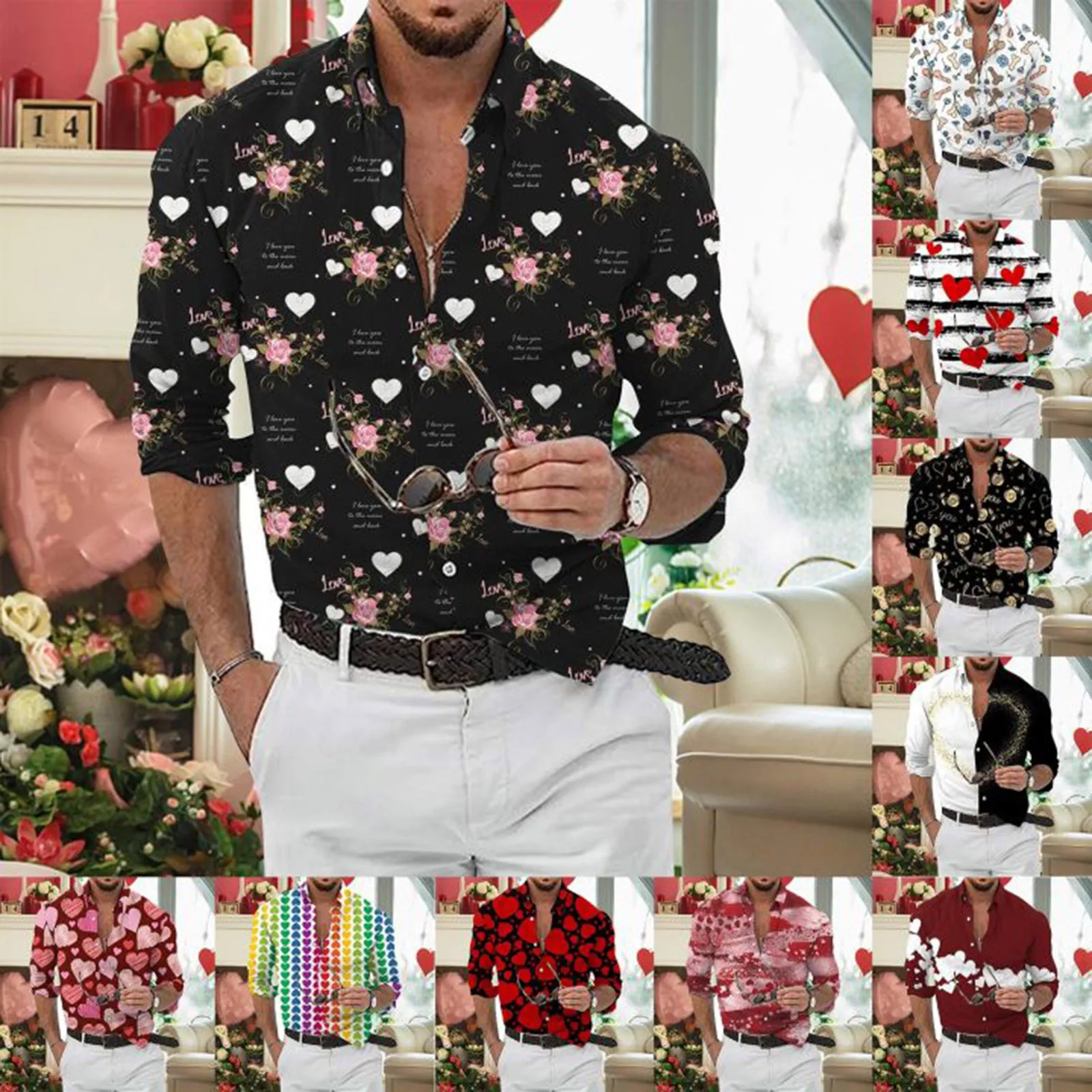Мужская мода Повседневная цифровая 3D-печать Любовь День святого Валентина День святого Валентина Рубашка с длинным рукавом в форме сердца Рубашка с воротником