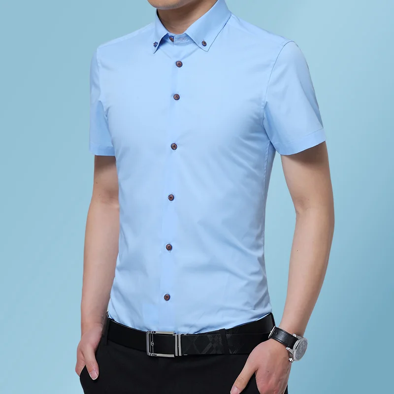 Мужская однотонная деловая повседневная рубашка с короткими рукавами Корейская классическая мода Всематчевая тонкая рубашка среднего возраста Мужские брендовые топы