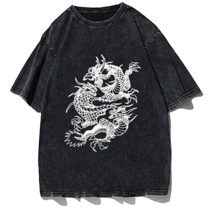 Мужская футболка Harajuku Y2K Street Tops Dragon Gothic Myth Print Хлопковая одежда с коротким рукавом Свободная футболка оверсайз Стирка