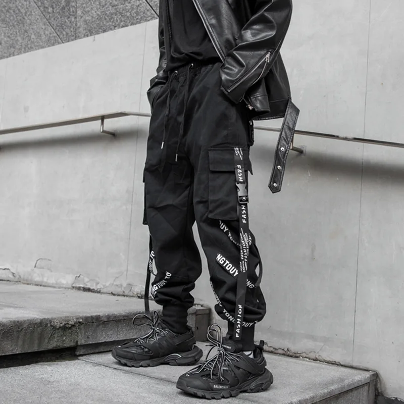 Мужские брюки для рабочей одежды с струящимися черными микроэластичными повседневными брюками Зауженные брюки в стиле хип-хоп