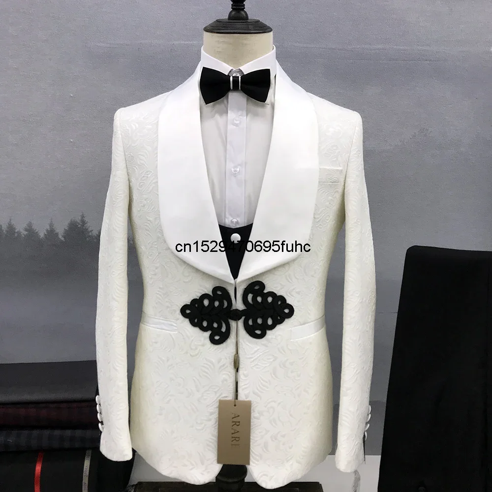 Мужской костюм Три части пальто Жилетные брюки 2023 Новый высококачественный китайский узел с белым принтом Формальный тонкий модный деловой брак
