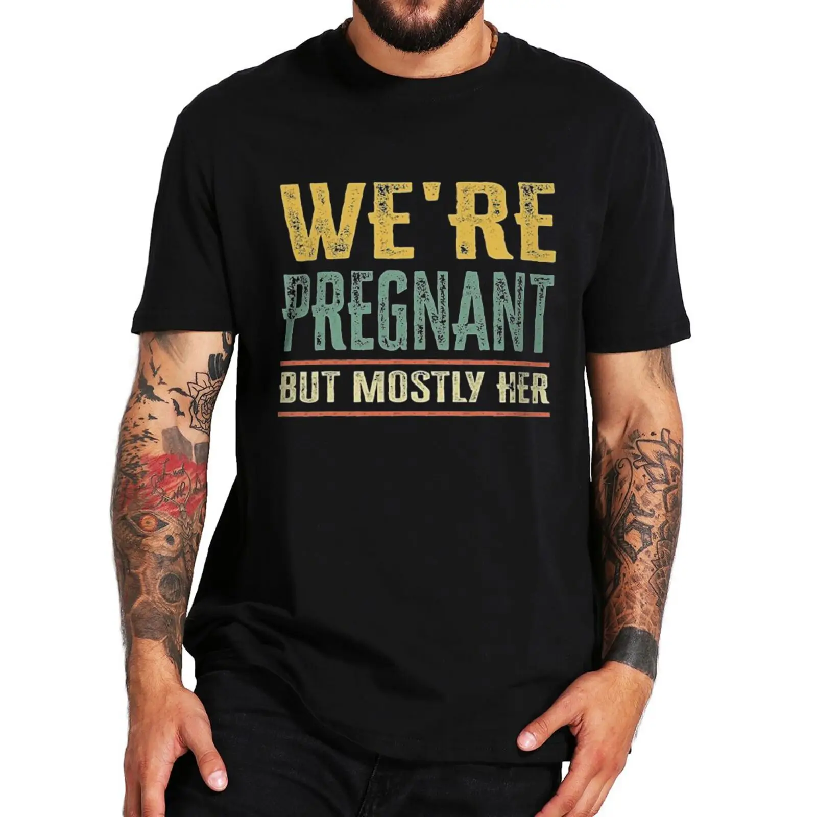 Мужчины Мы беременны, но в основном ее футболка Ретро Смешные высказывания Винтаж с коротким рукавом Удобная хлопковая повседневная футболка унисекс