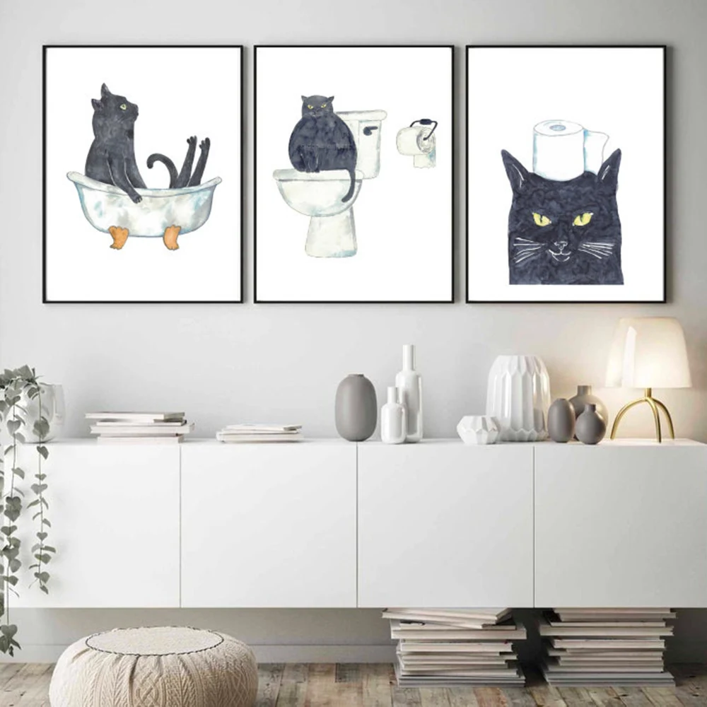 Набор из 3 черных кошек Туалет Холст Печать Акварельная Живопись Плакат Для Гостиной Ванная Комната Скандинавский Домашний Декор Цифровые файлы Скачать