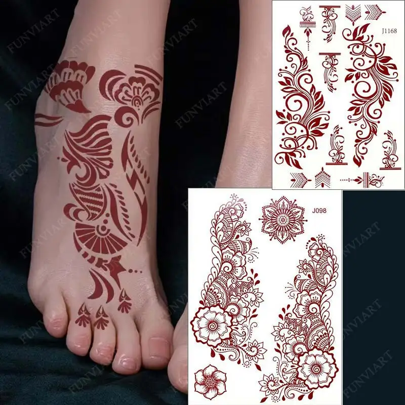 Наклейки для татуировок хной для ног Водонепроницаемые временные татуировки Женщины Mehndi Design Мгновенная поддельная татуировка для руки тела Hena Tatoo