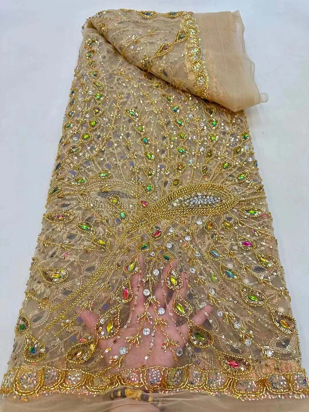 Новая тяжелая промышленность плюс трубка из алмазных бусин павлиньего типа блестящая сетчатая пряжа для вышивки, высококачественный модный национальный сценический костюм