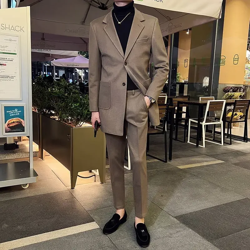 Новый бутик (блейзер + брюки) Мужской костюм Британская корейская версия Slim Casual Шерстяное свадебное платье средней длины из 2 предметов