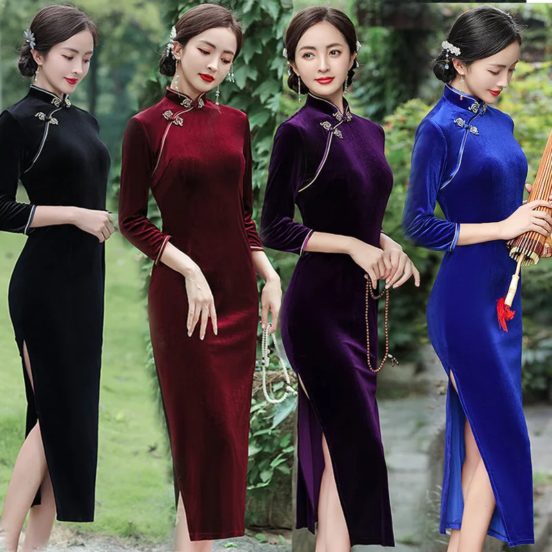 Новый Плюс Размер Бархат Cheongsam Женщины Винтаж Вечеринка Свадьба Длинное Платье Зима Традиционное Qipao M To 5XL