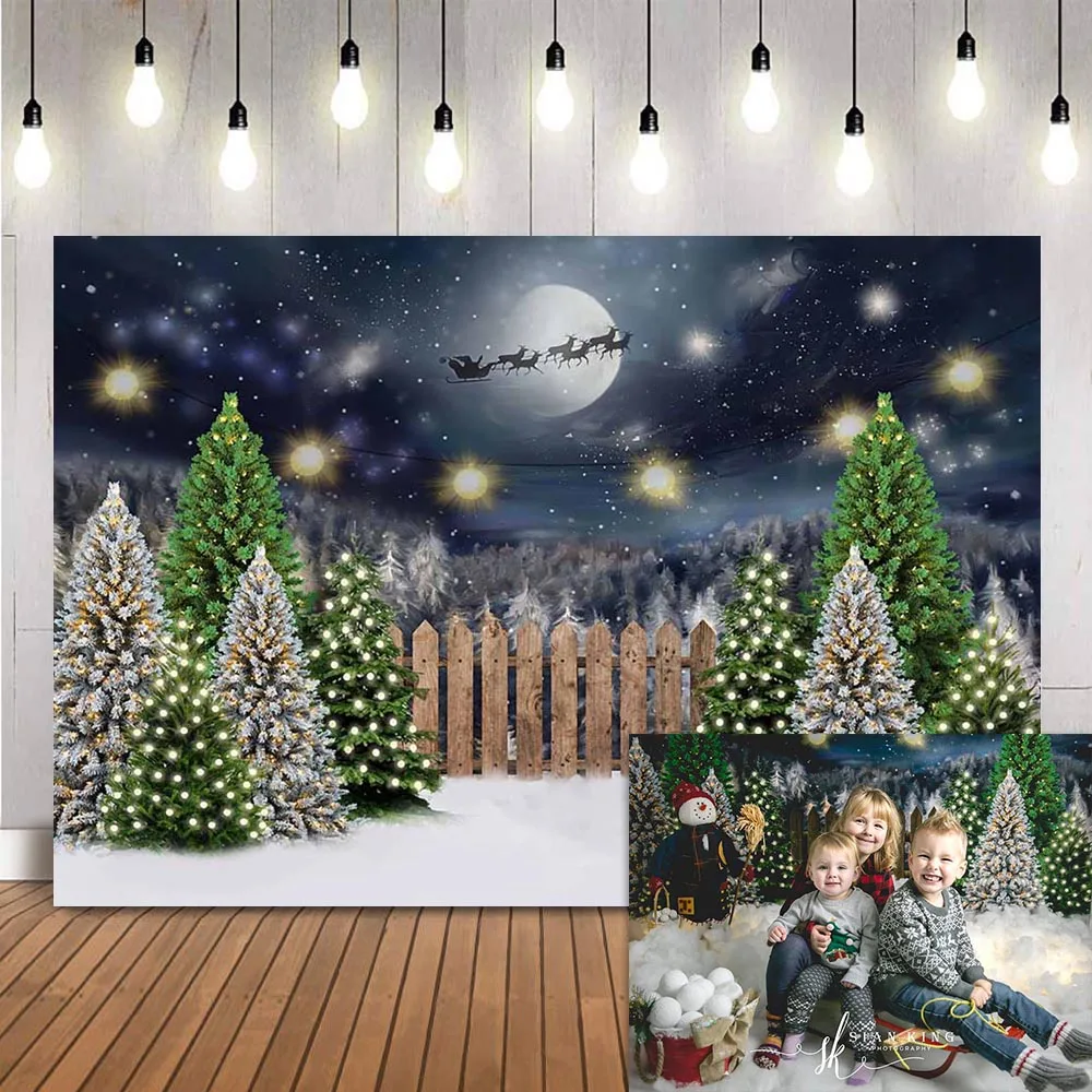 Ночь полнолуния Счастливого Рождества Фото Фон Санта-Клаус сосновый лес фотография фон зима снег фотозвонок новорожденный ребенок