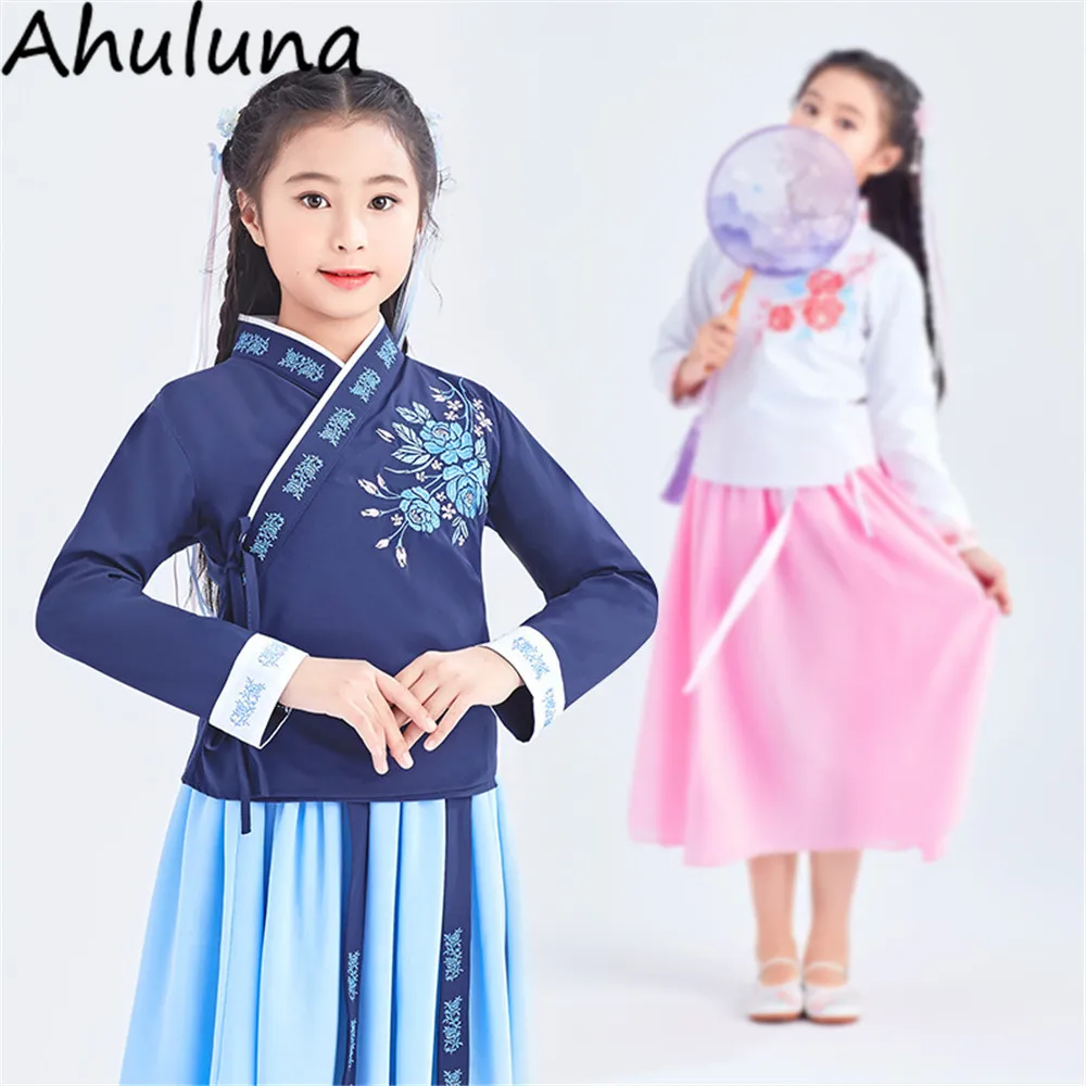 Осенние костюмы ханьфу для девочек синий розовый китайский традиционный женский косплей одежда топы и юбка C211