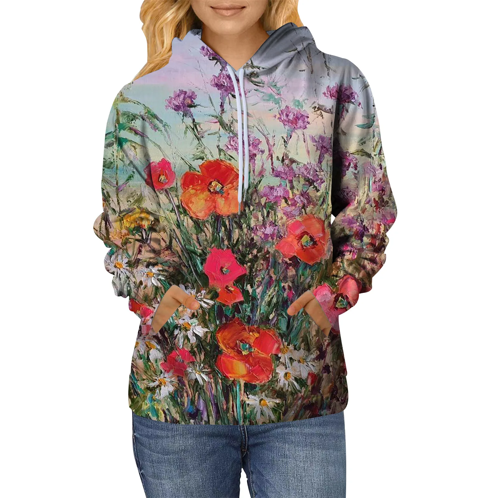 Осень Новые толстовки Цветок Цветочный 3D Печать Женщины Уличная Одежда С длинным рукавом Негабаритные пуловеры Y2k Толстовки с капюшоном Женская одежда