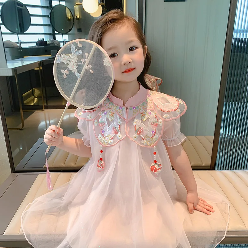 Панда Детское платье для девочек 2023 Новое лето Мода Мать Детская одежда Baby Princess Ханьфу Сетчатая юбка Китай Интернет-магазин