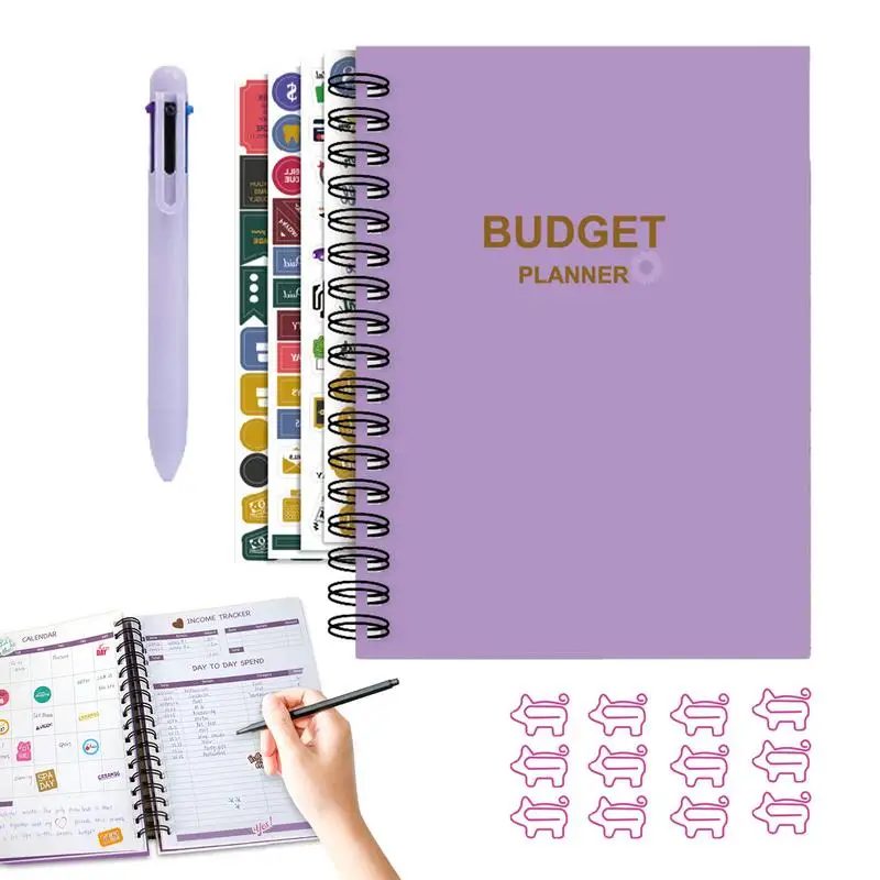 Планировщик бюджета Портативный спиральный дизайн Планировщик бюджета Книга Бюджетный блокнот с милой скрепкой для свиньи и 6 цветными шариковыми ручками