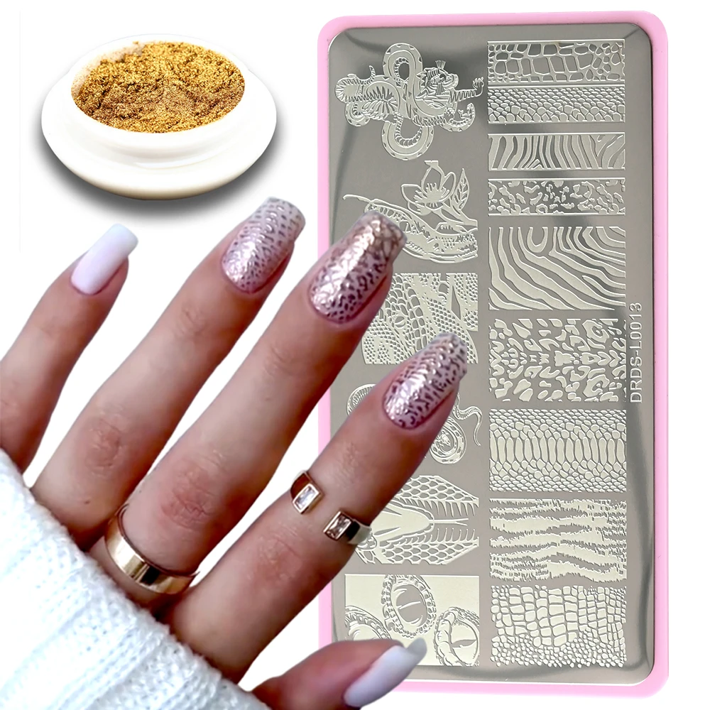  пластины для стемпинга ногтей с леопардовым принтом + золотой хромовый пигментный порошок для леопарда 12 см пластина для стемпинга для маникюра