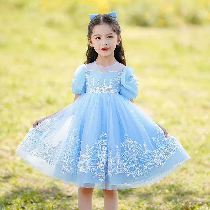 Платье для девочек с коротким рукавом Летняя детская одежда Принцесса Сладкий синий тюль Вечернее платье
